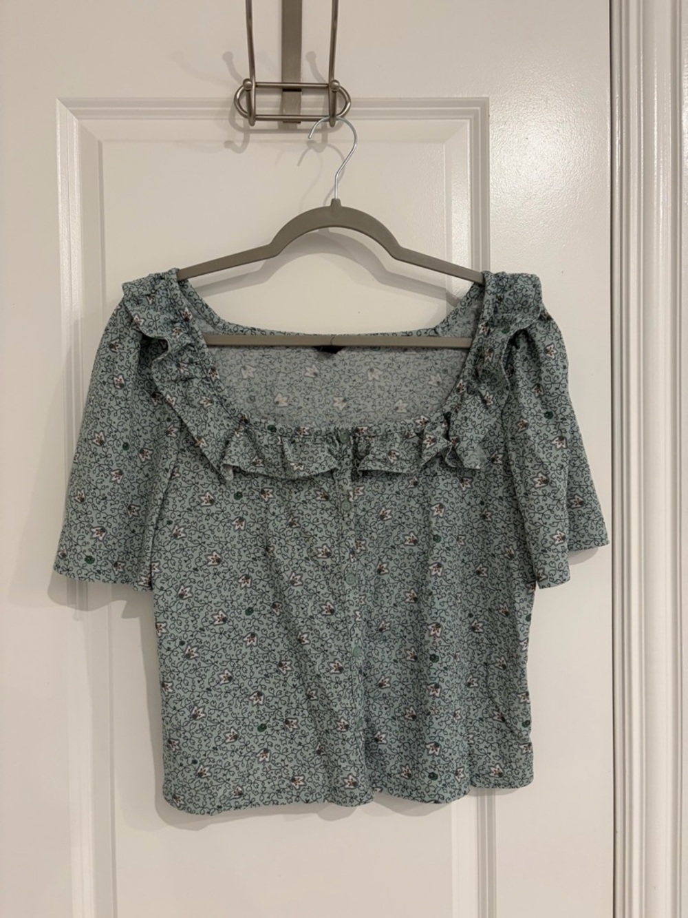 Ann Taylor Mint Green Floral Ruffle Square-Neck Blouse